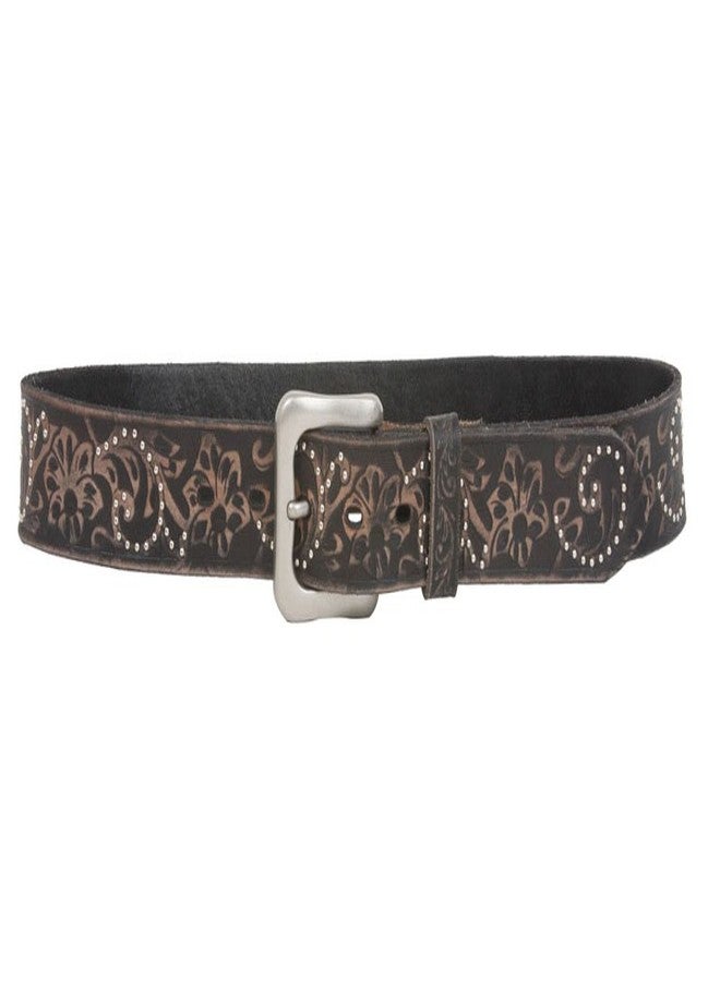 Beltiscool Snap On 1 1/2" Vintage Cowhide Leather Floral Embossed Studded Belt Size: 32 Color: Black - Image 2